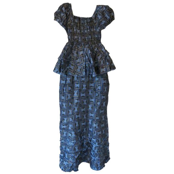 AFRICAN Handmade Ankara Skirt/Top Peplum Smocked Short Sleeve with Headwrap - Picture 1 of 8